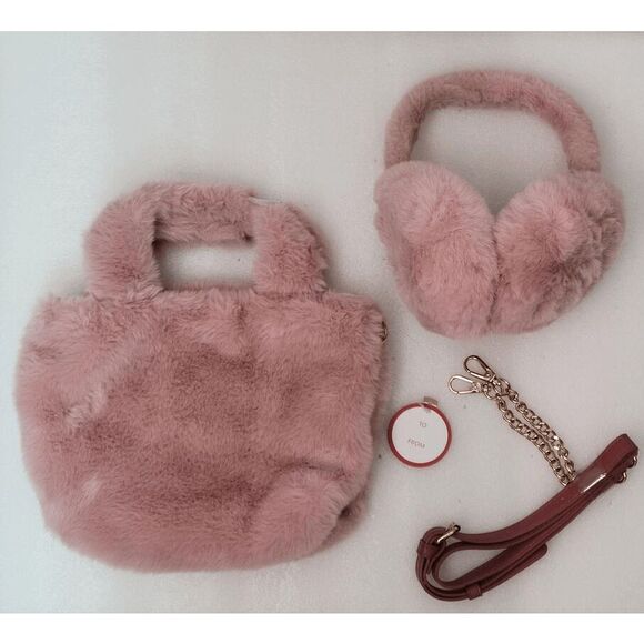 NWT 2PCS Gift Set CYNTHIA ROWLEY Pink Fluffy Tote Faux Fur Handbag Ear Muffs - Picture 4 of 11